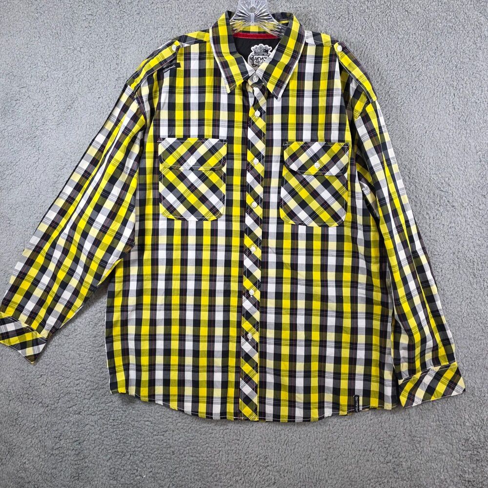 Akademiks Shirt Men's Plaid Yellow Black Button Up Long Sleeve AKDMKS Size 2XL